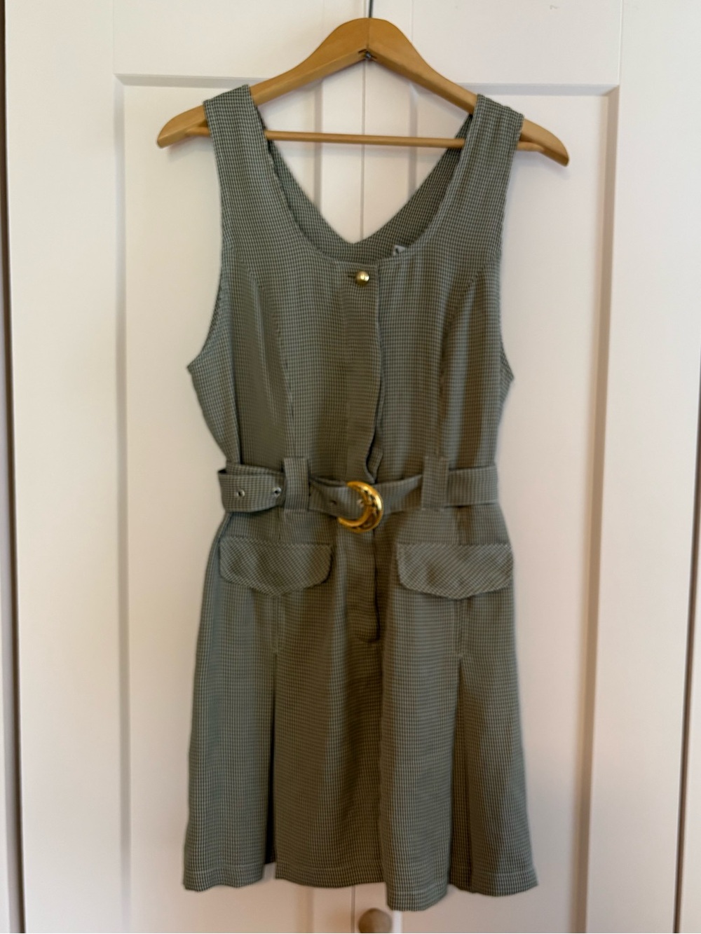 Vintage Beige and Black Micro Gingham Belted Romper with Gold Buckle